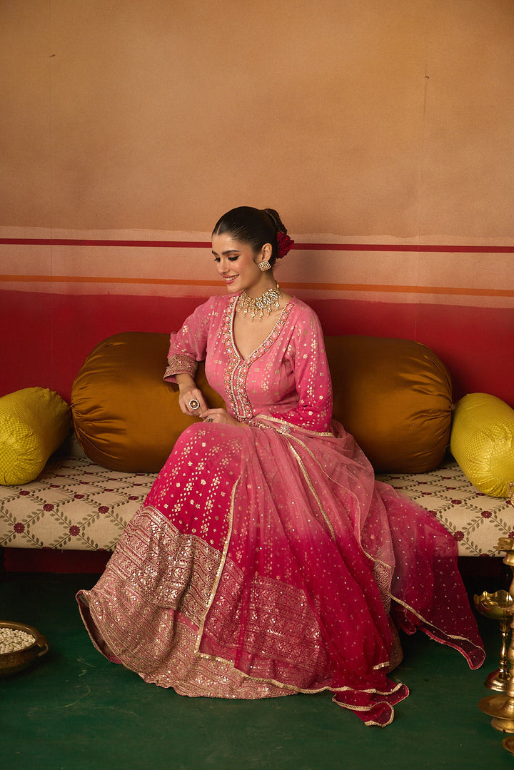 Neerus Pink Embroidery Work Chinon Fabric Anarkali and Trouser With Dupatta