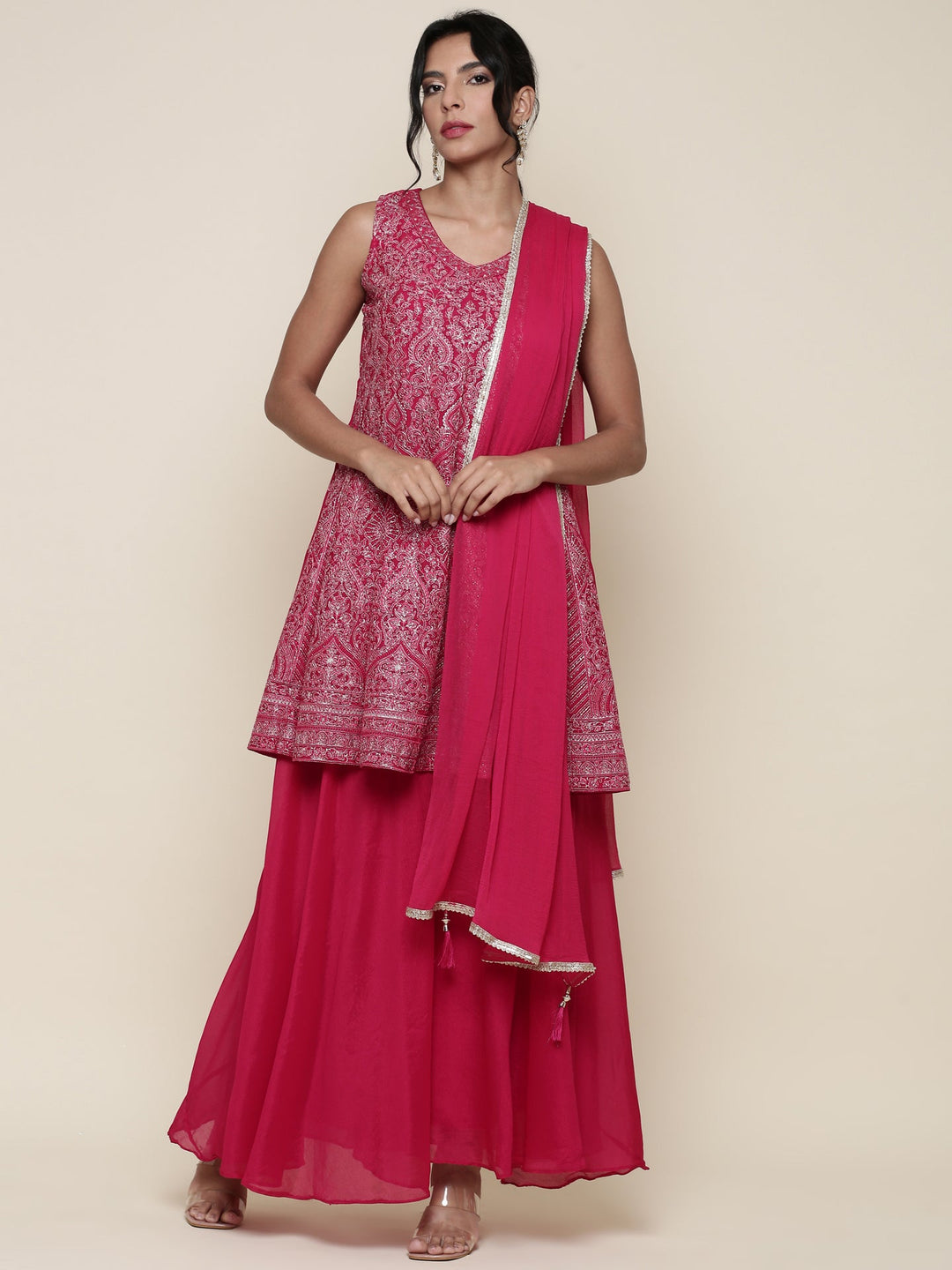 Neerus Pink georgette embroidered anarkali suit set - front view