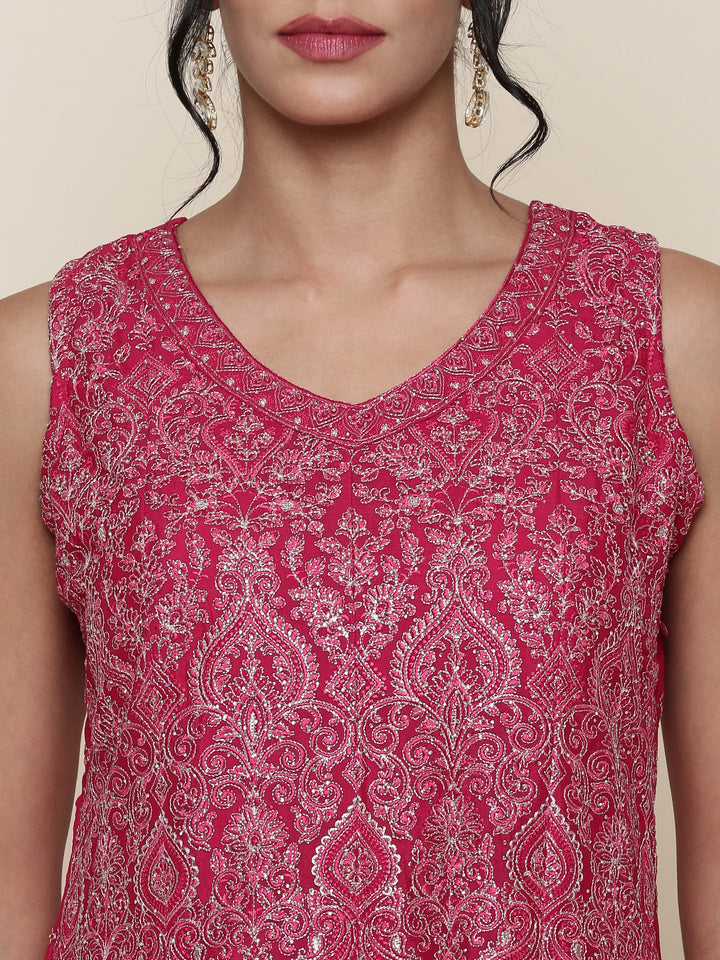 Neerus Pink georgette embroidered anarkali suit set - detail view 1