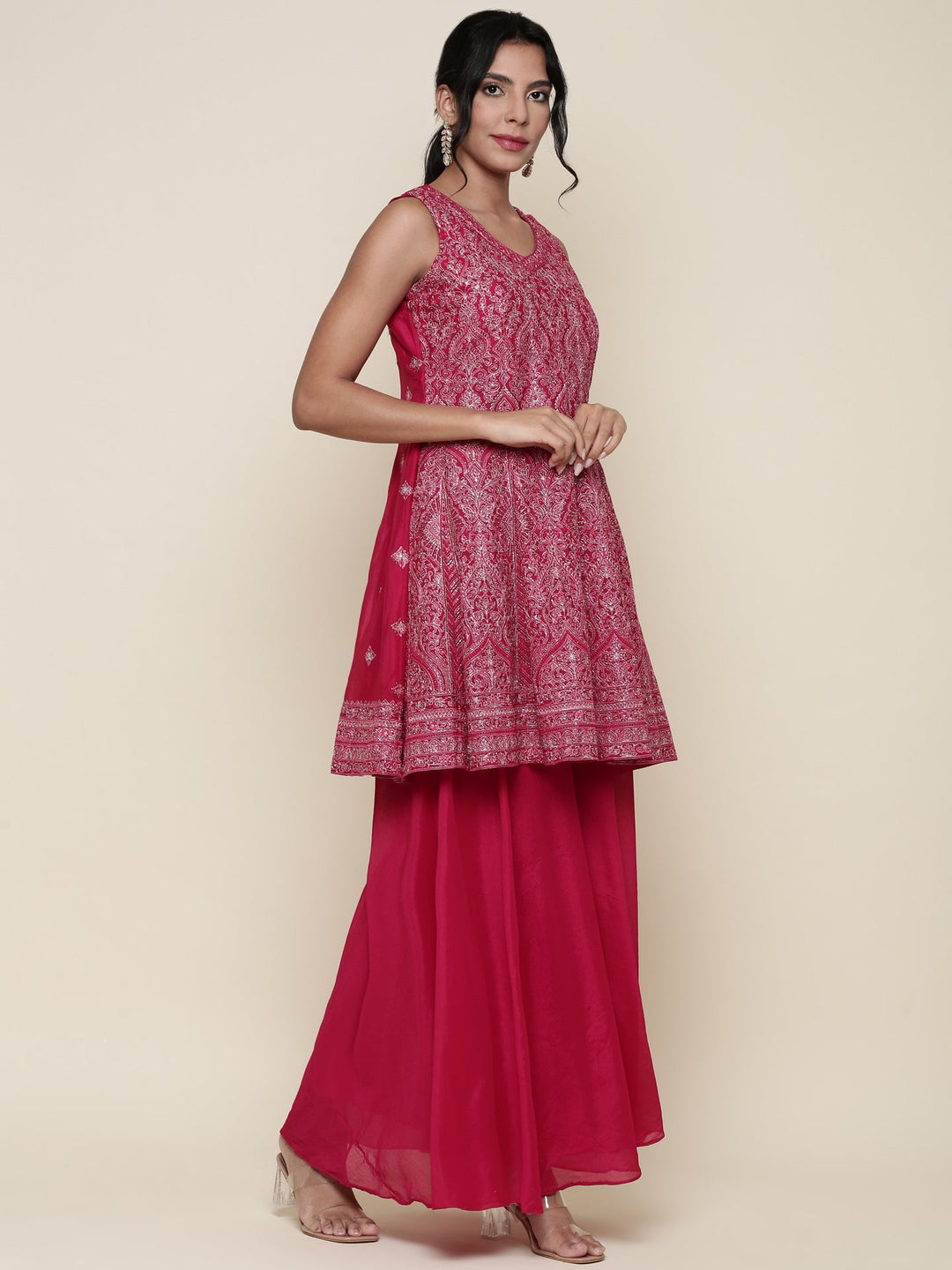 Neerus Pink georgette embroidered anarkali suit set - back view