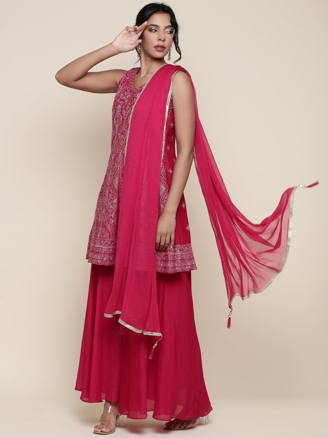 Neerus Pink georgette embroidered anarkali suit set - detail view 3
