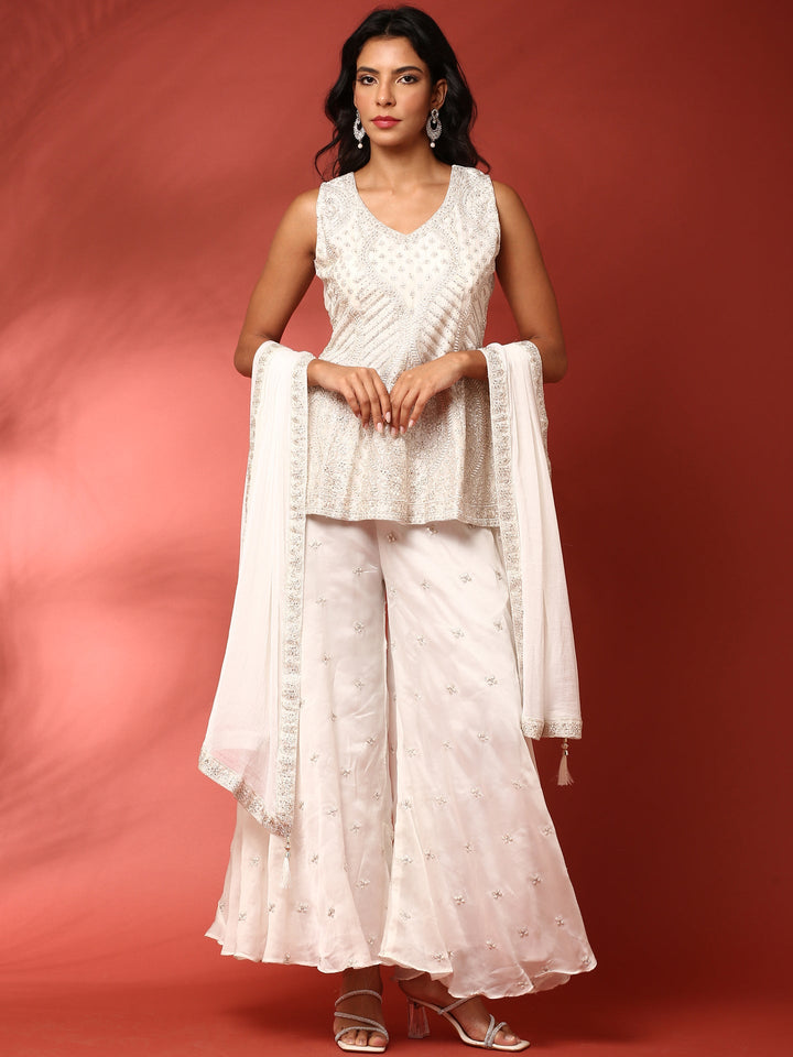 Neerus White Georgette Hand Embroidered Sharara Set - front view