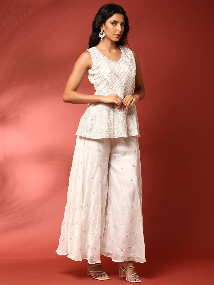 Neerus White Georgette Hand Embroidered Sharara Set - back view