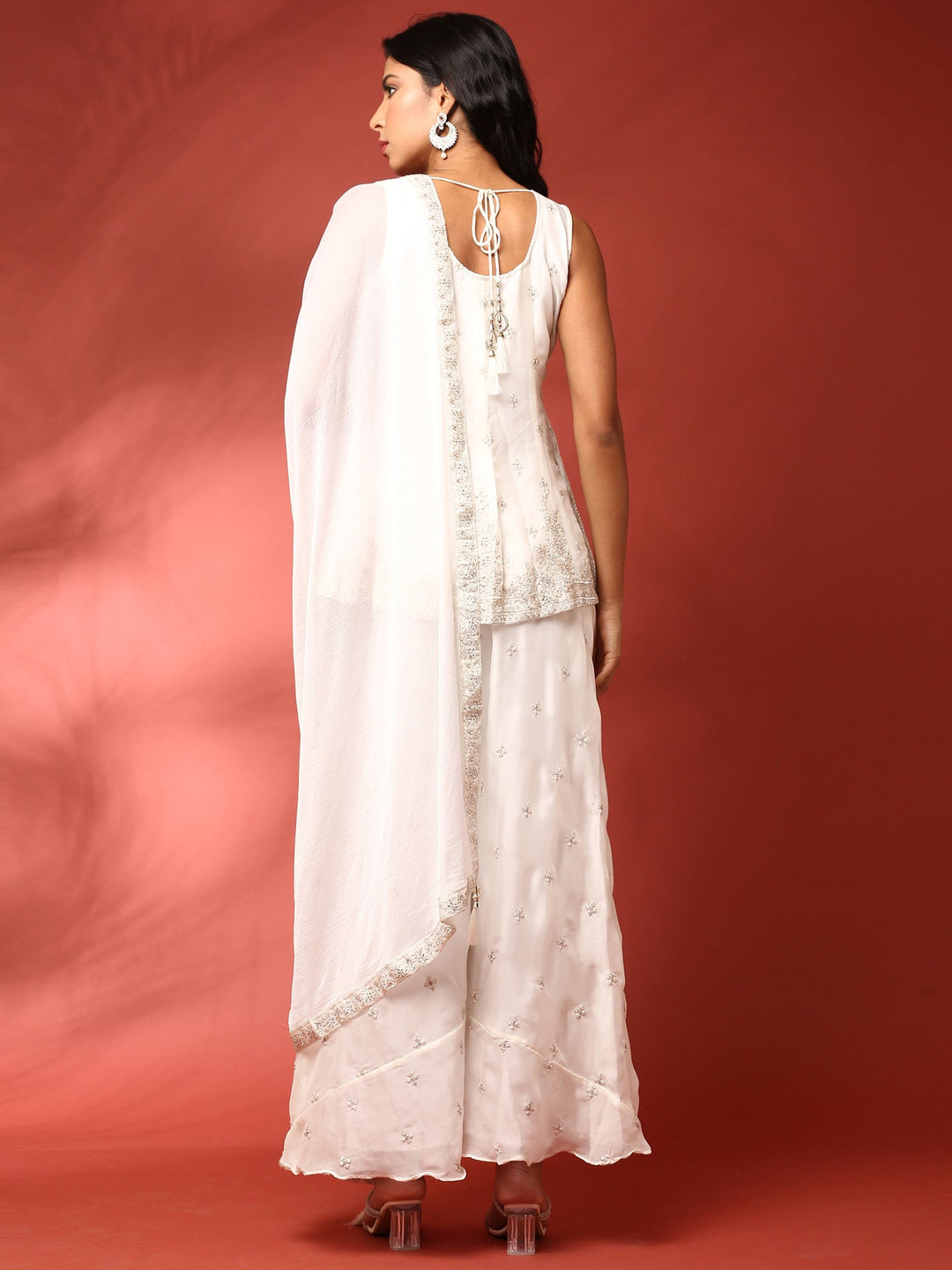 Neerus White Georgette Hand Embroidered Sharara Set - side view