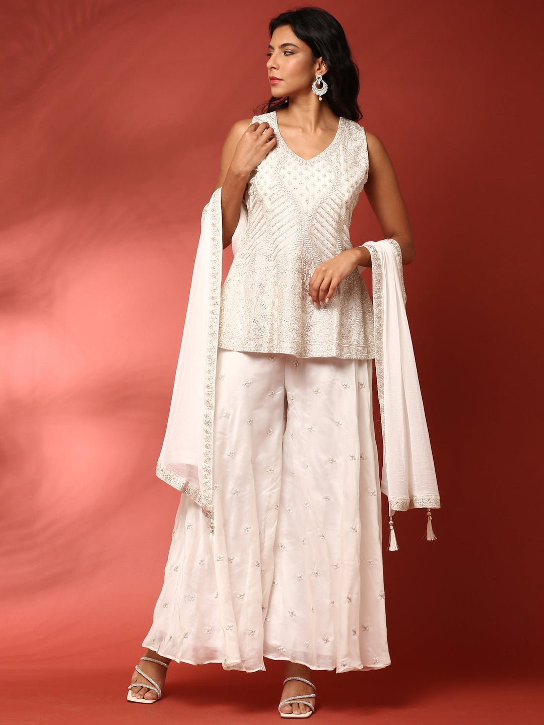 Neerus White Georgette Hand Embroidered Sharara Set - detail view 2