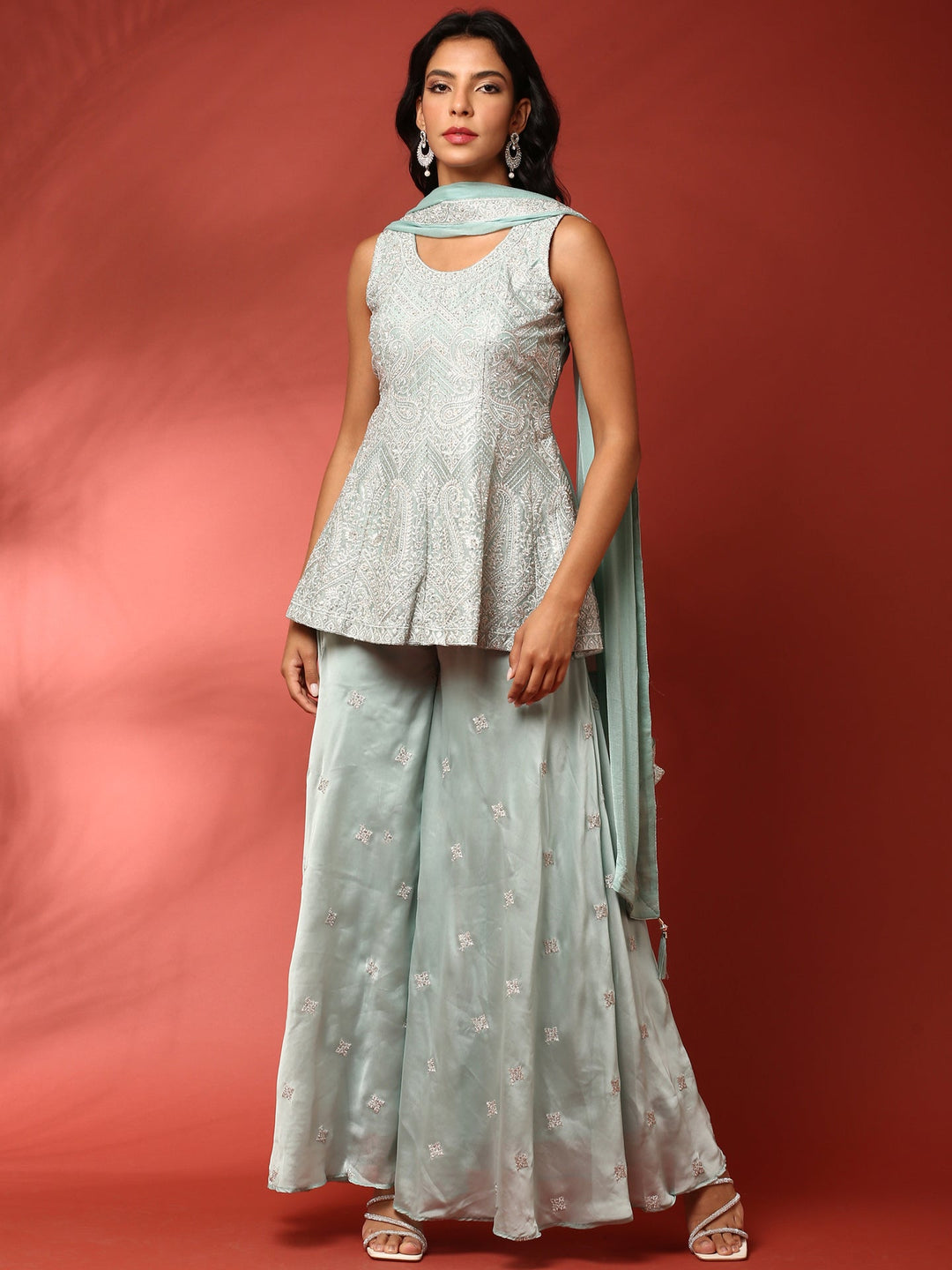 Neerus Blue georgette hand embroidered suit set - front view