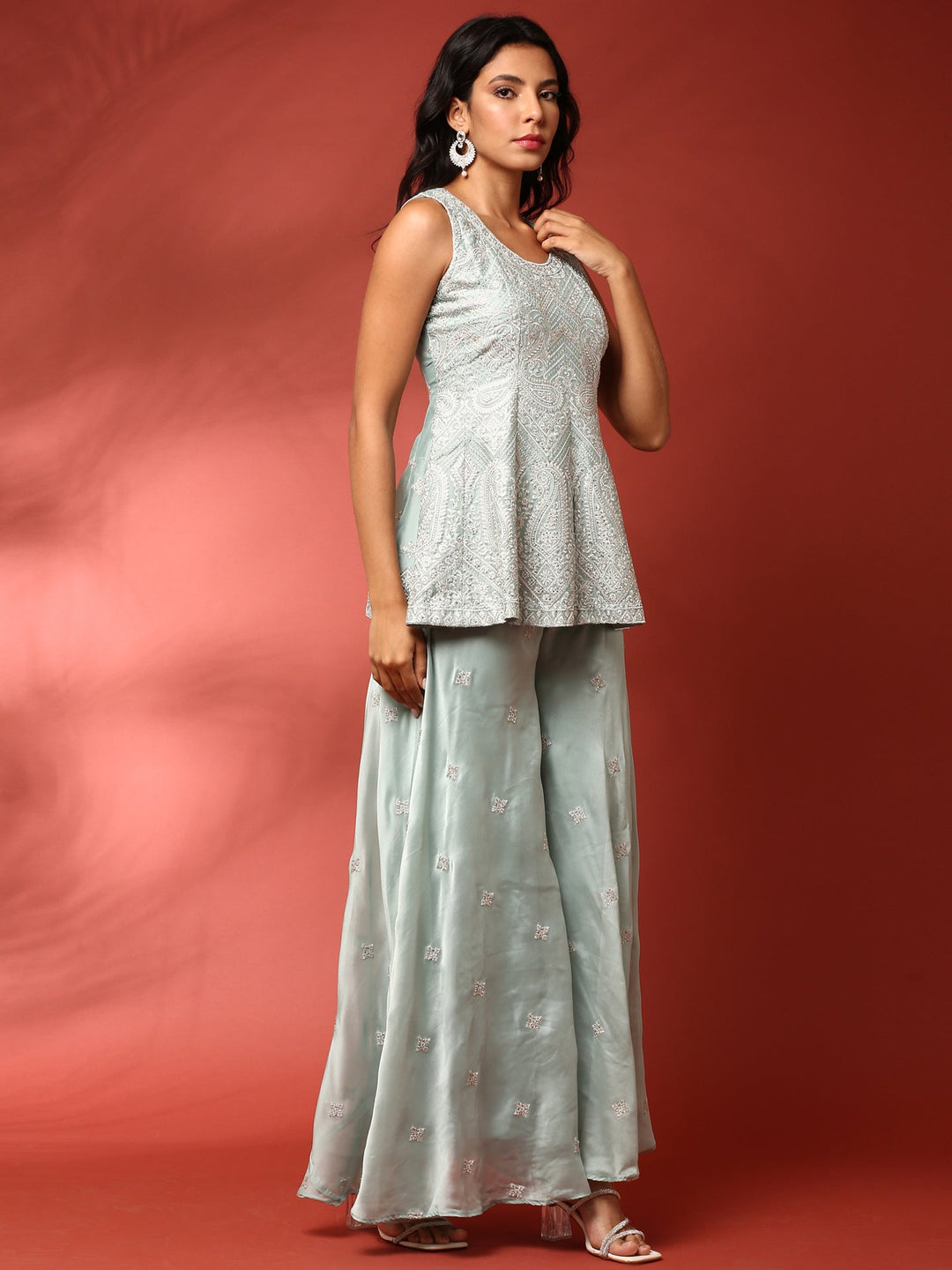Neerus Blue georgette hand embroidered suit set - back view