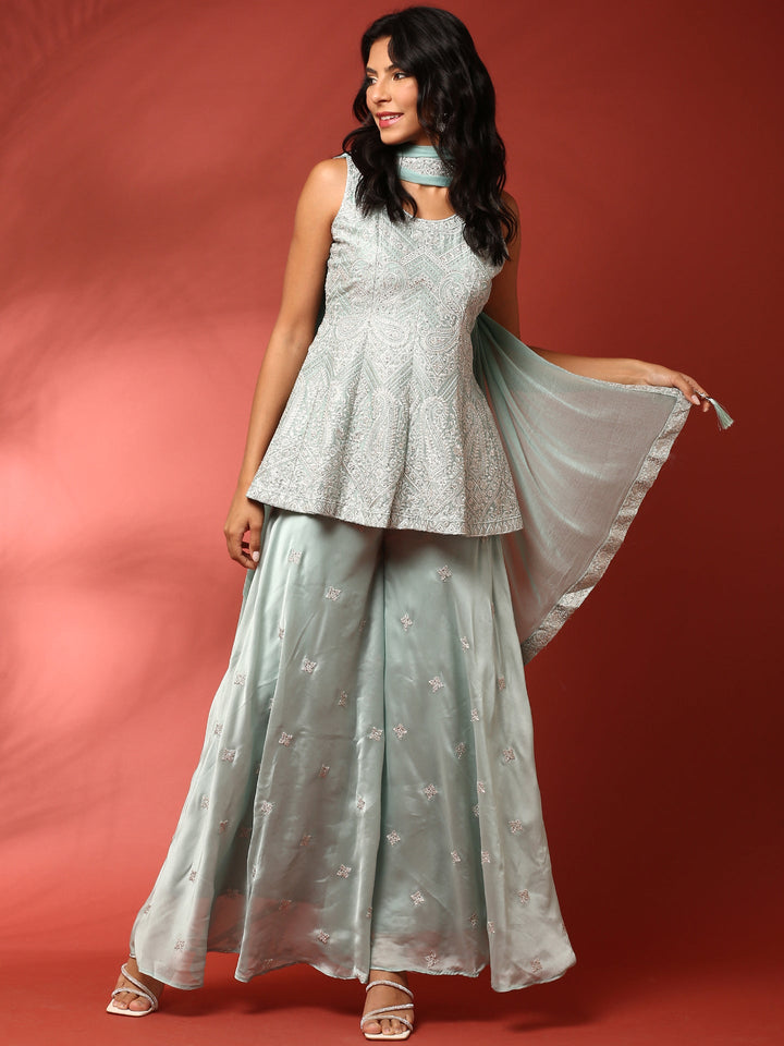 Neerus Blue georgette hand embroidered suit set - detail view 2