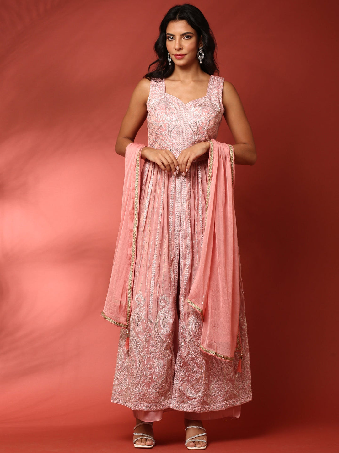 Neerus Pink georgette thread embroidered suit set - back view