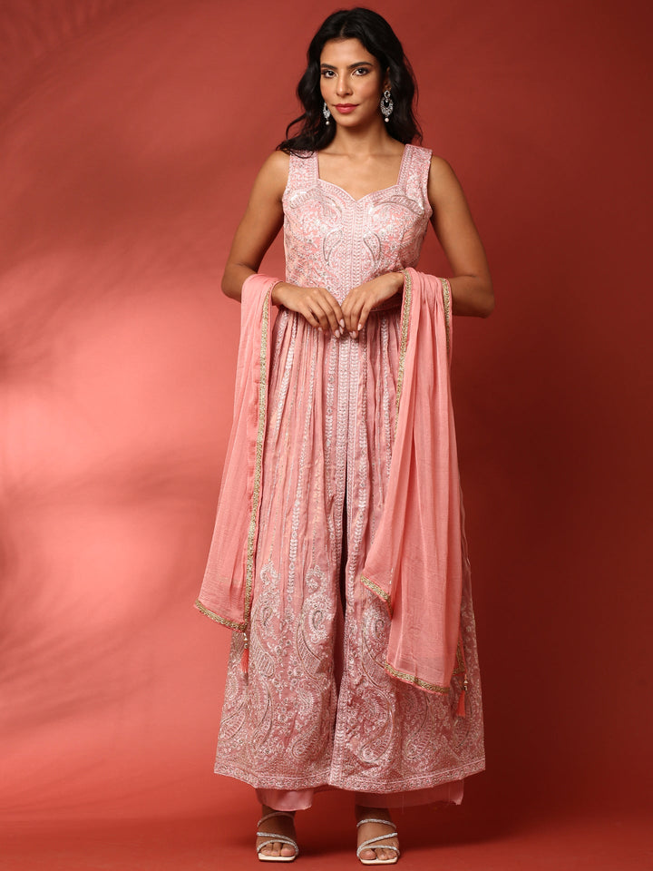 Neerus Pink georgette thread embroidered suit set - back view