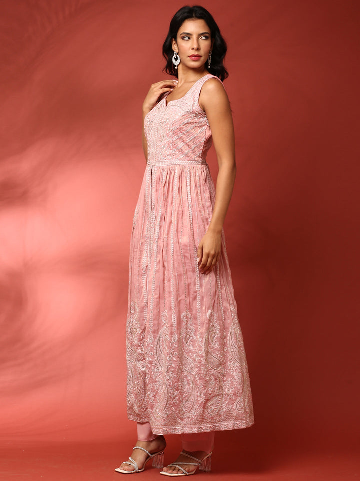 Neerus Pink georgette thread embroidered suit set - side view