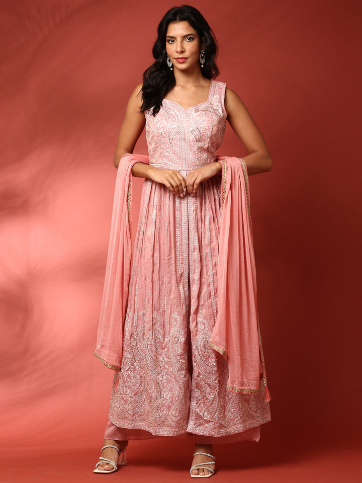 Neerus Pink georgette thread embroidered suit set - front view