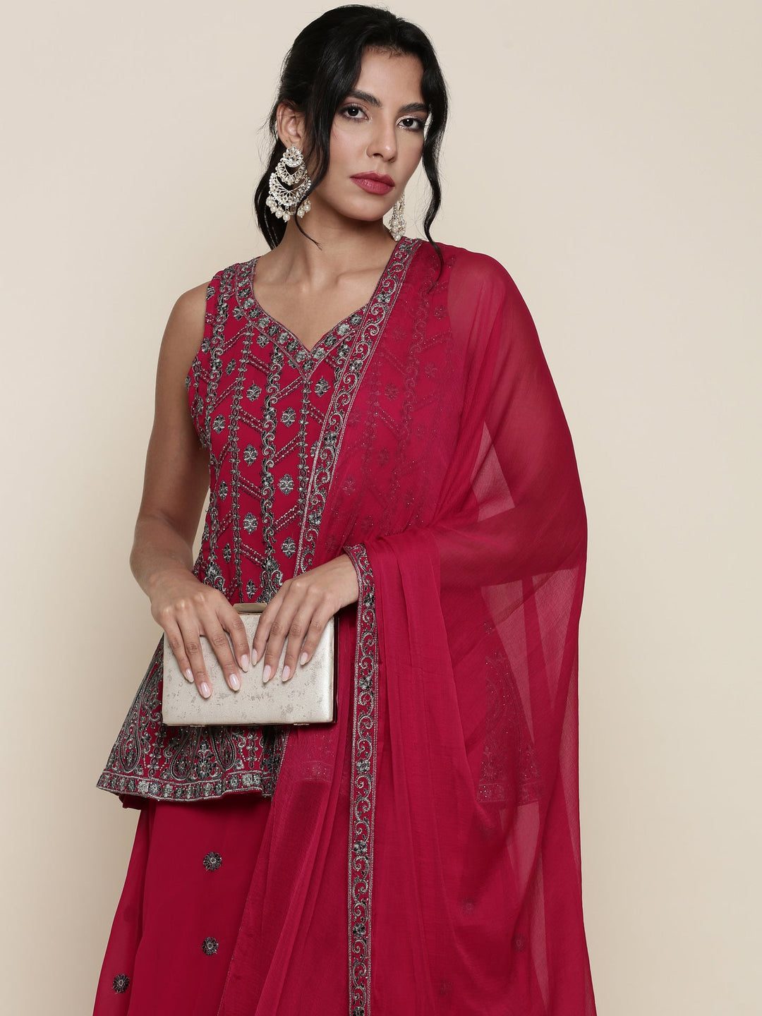 Neerus Pink georgette embroidered suit set peplum palazzo - back view