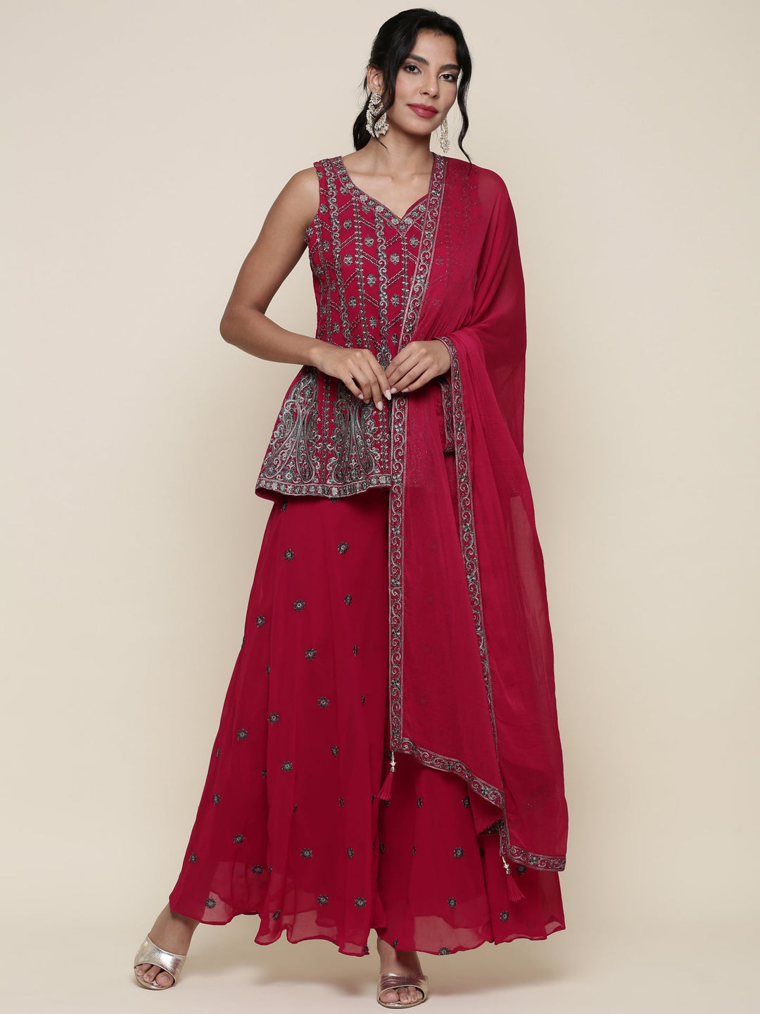Neerus Pink georgette embroidered suit set peplum palazzo - front view