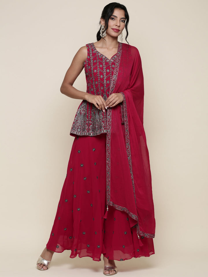 Neerus Pink georgette embroidered suit set peplum palazzo - front view