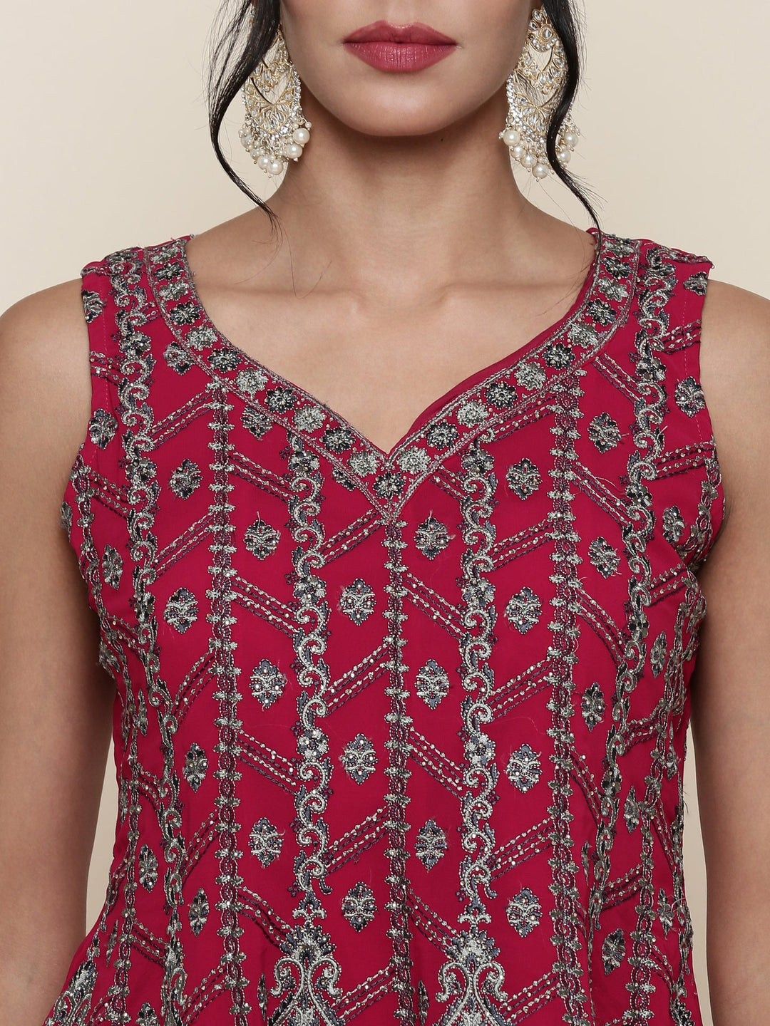 Neerus Pink georgette embroidered suit set peplum palazzo - detail view 2