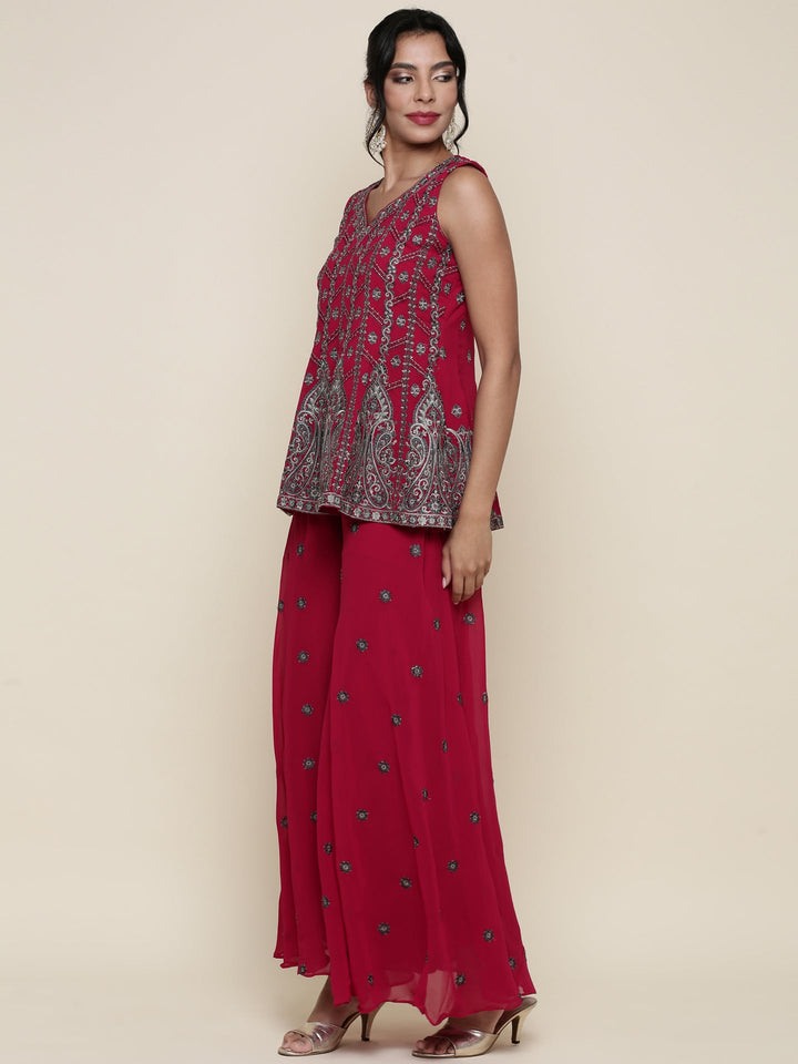 Neerus Pink georgette embroidered suit set peplum palazzo - side view