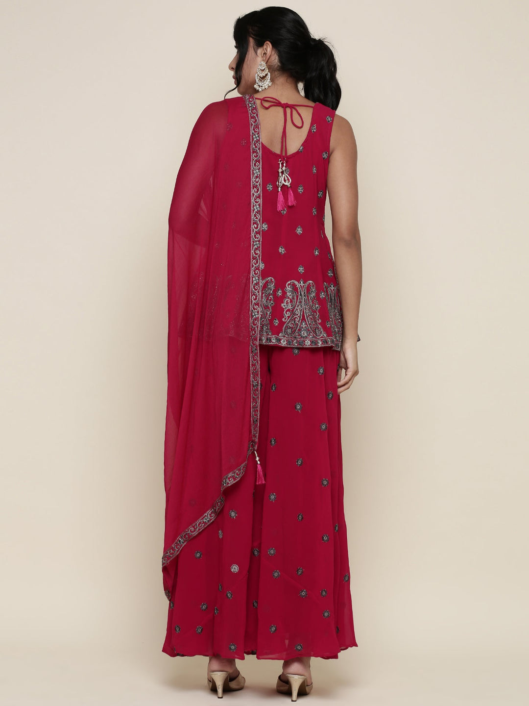 Neerus Pink georgette embroidered suit set peplum palazzo - detail view 1