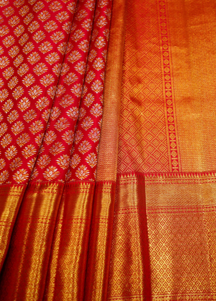 Neerus Red Pattu Silk woven Kanchi saree - back view