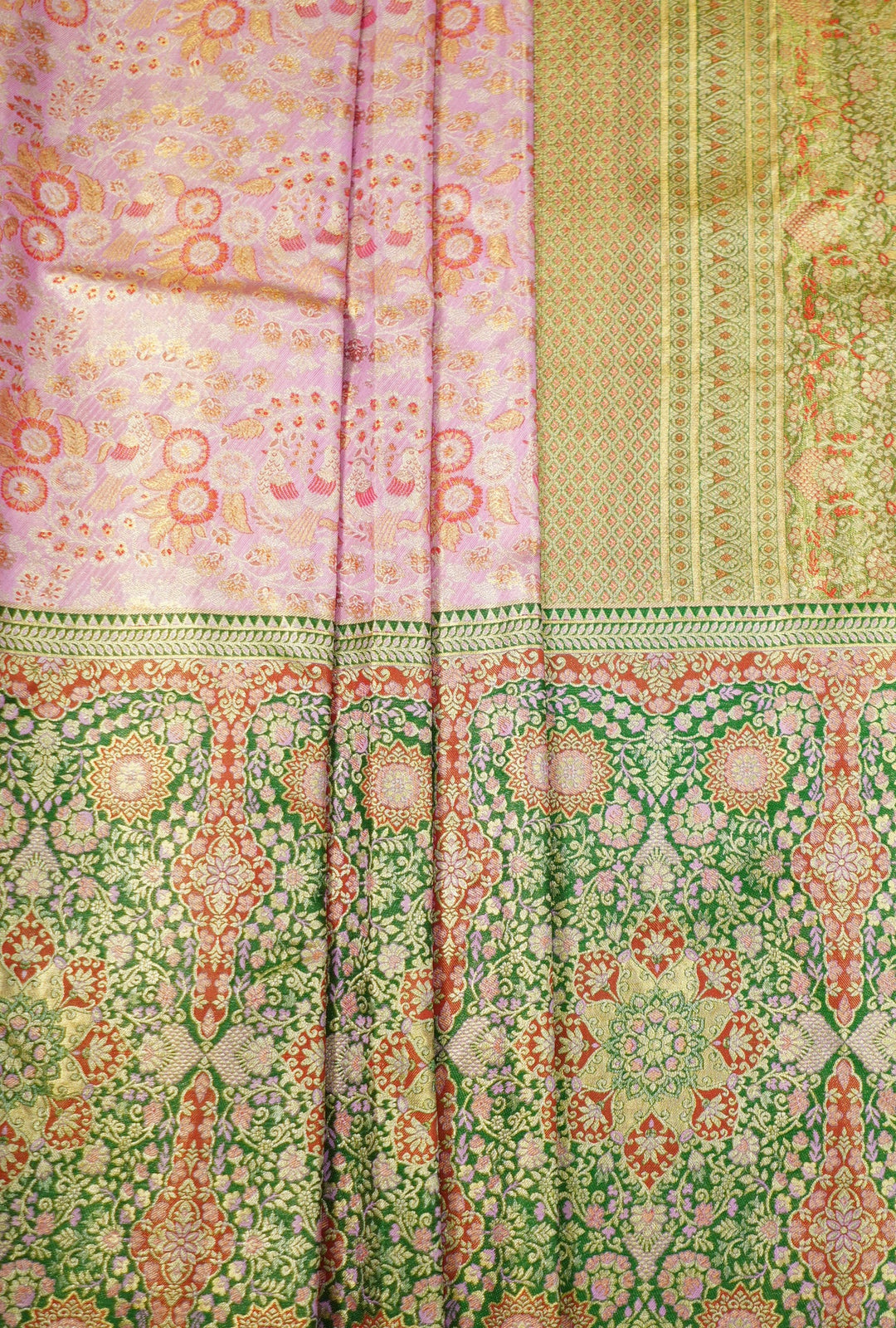 Neerus Pink Pattu Silk woven Kanchi saree with green border - front view