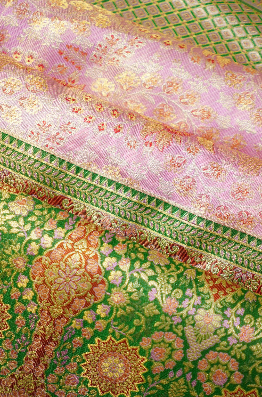 Neerus Pink Pattu Silk woven Kanchi saree with green border - back view