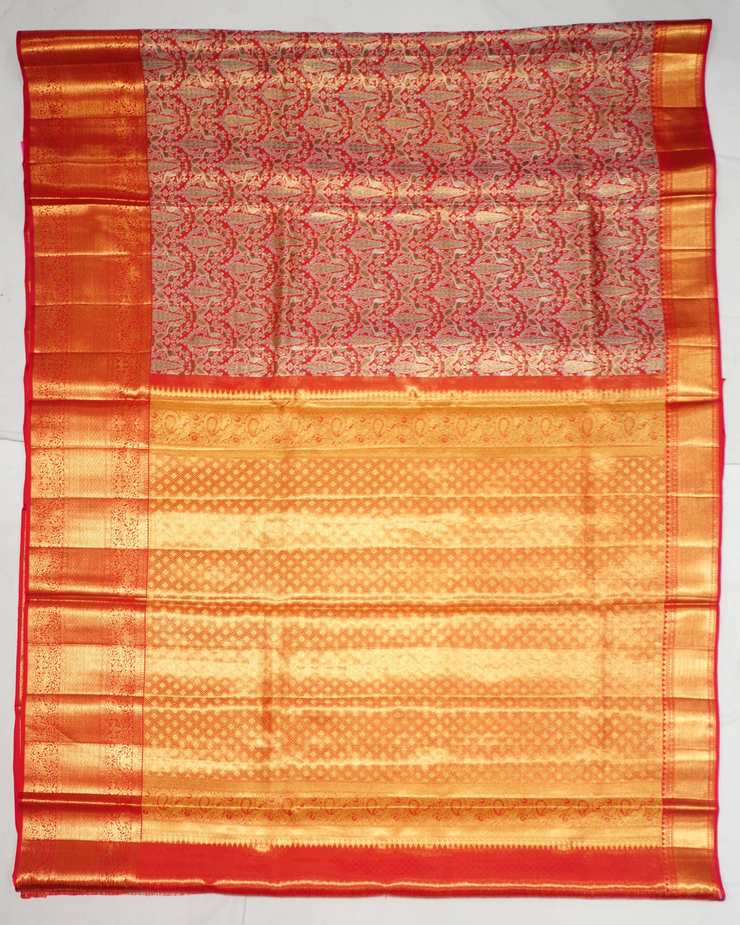 Neerus Red tissue woven Kanchi handloom saree - front view