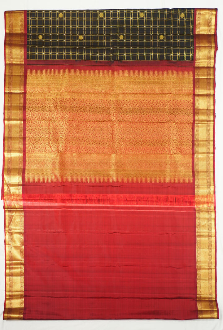 Neerus Black Pattu Silk woven saree with zari checks - front view
