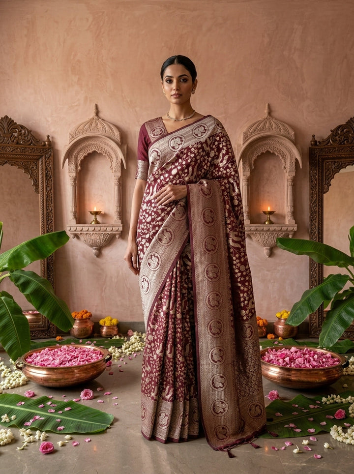 Maroon Heavy Floral Design Silk Saree
