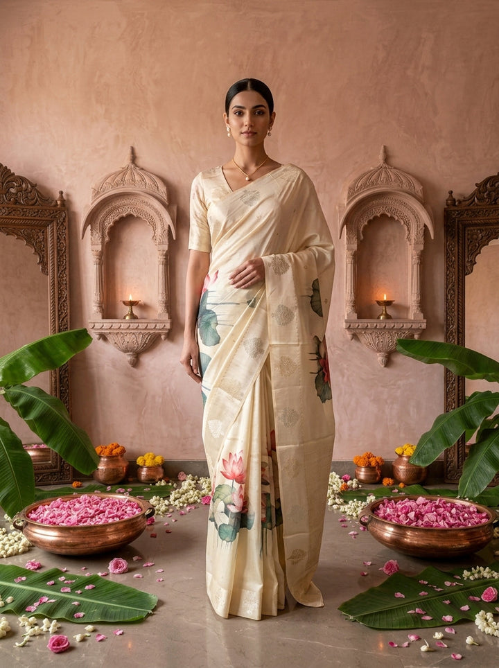 Green Floral Digital Printed Silk Saree