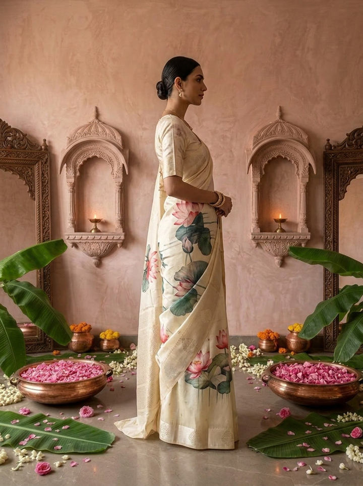 Green Floral Digital Printed Silk Saree