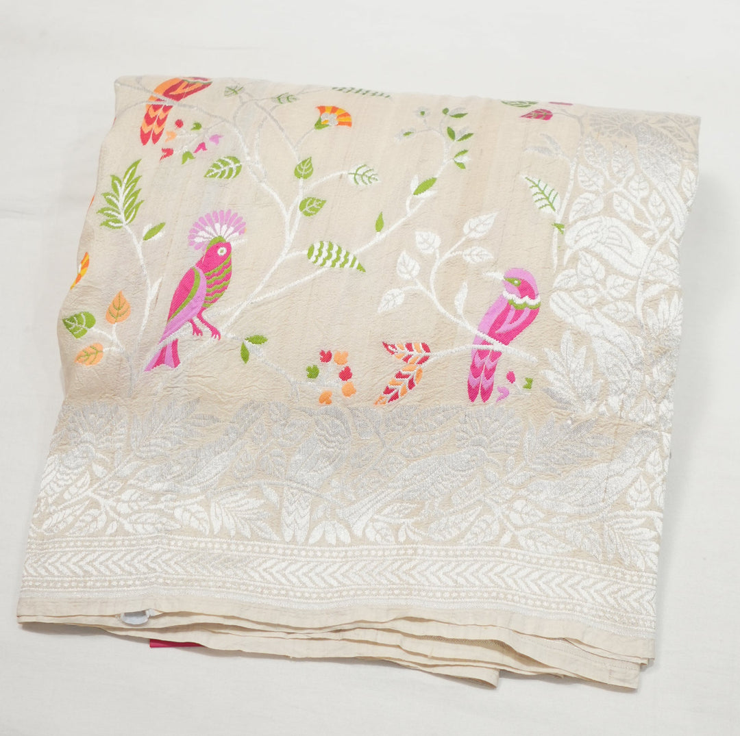 Neerus Beige Tussar Silk Woven Saree with multicolour bird motifs - side view