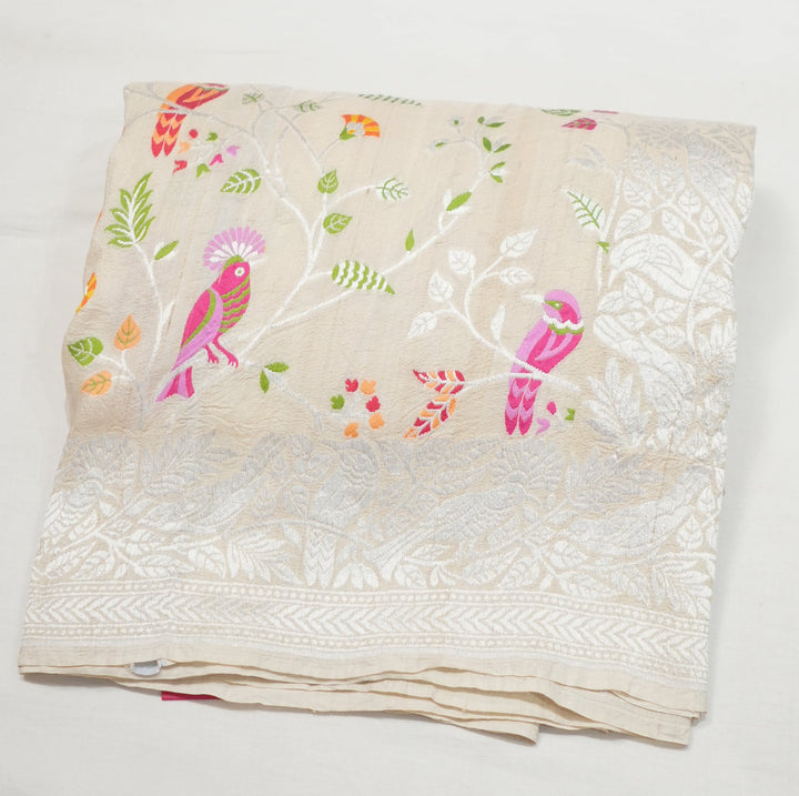 Neerus Beige Tussar Silk Woven Saree with multicolour bird motifs - side view