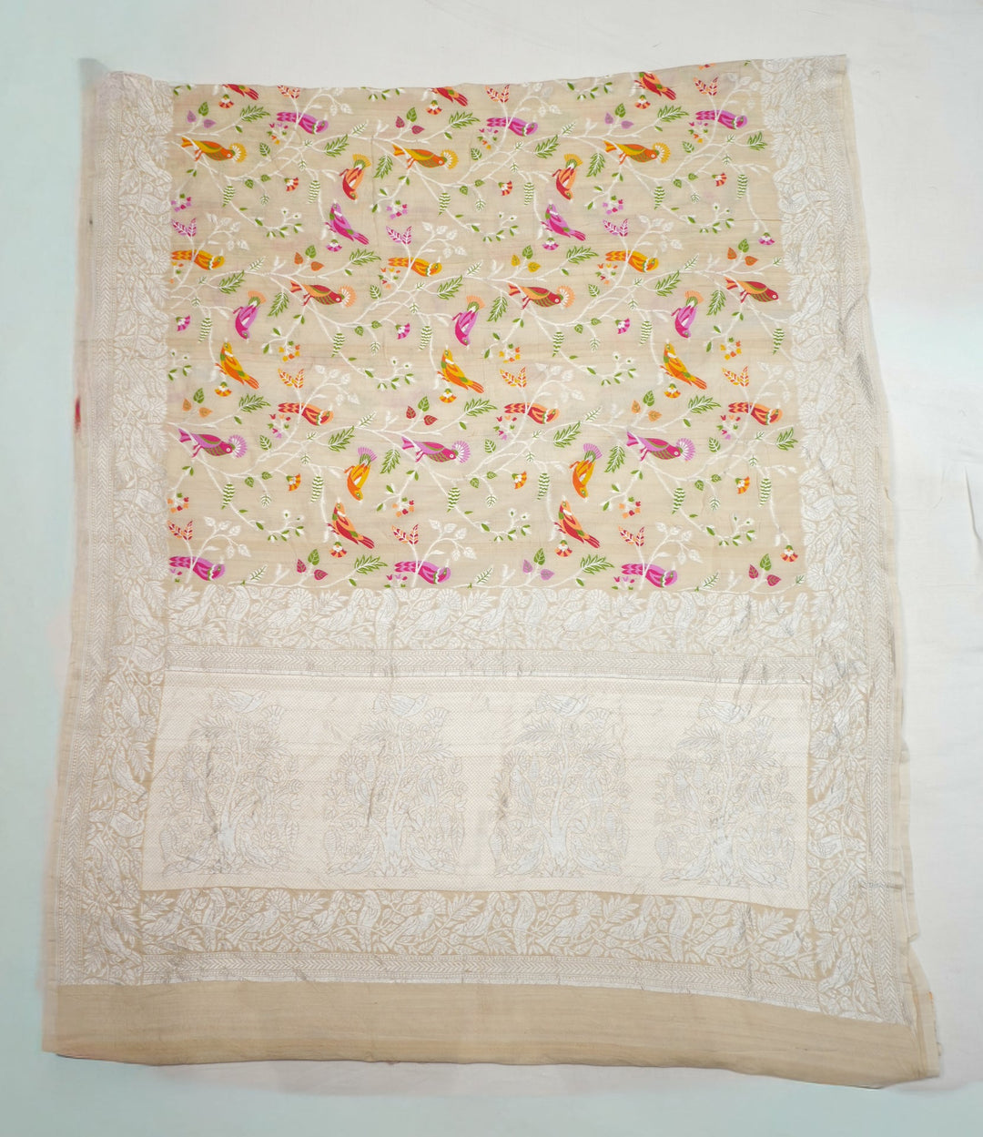 Neerus Beige Tussar Silk Woven Saree with multicolour bird motifs - detail view 1