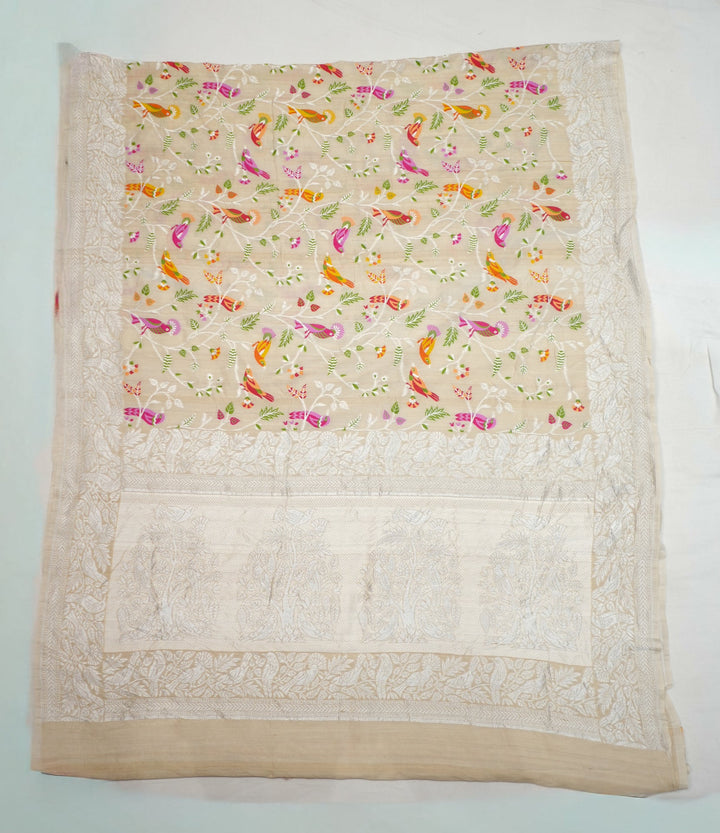 Cream Pure Handloom Tussar Saree With All Over MultiColour Birds