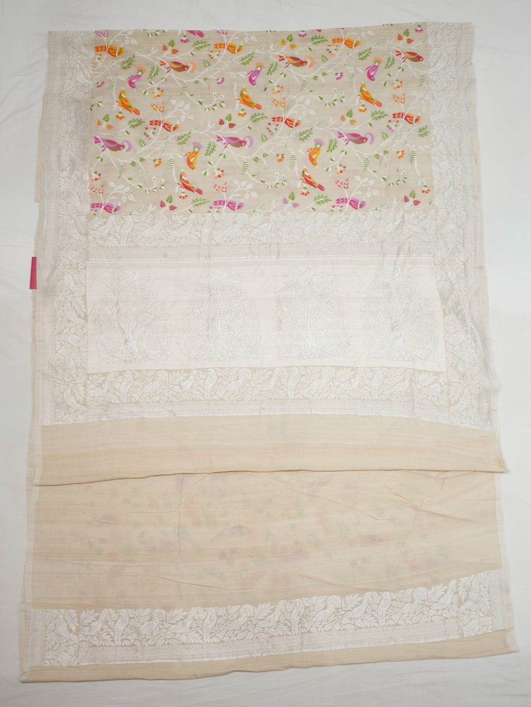 Neerus Beige Tussar Silk Woven Saree with multicolour bird motifs - front view