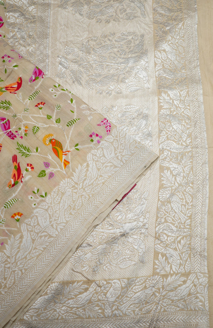 Neerus Beige Tussar Silk Woven Saree with multicolour bird motifs - detail view 2