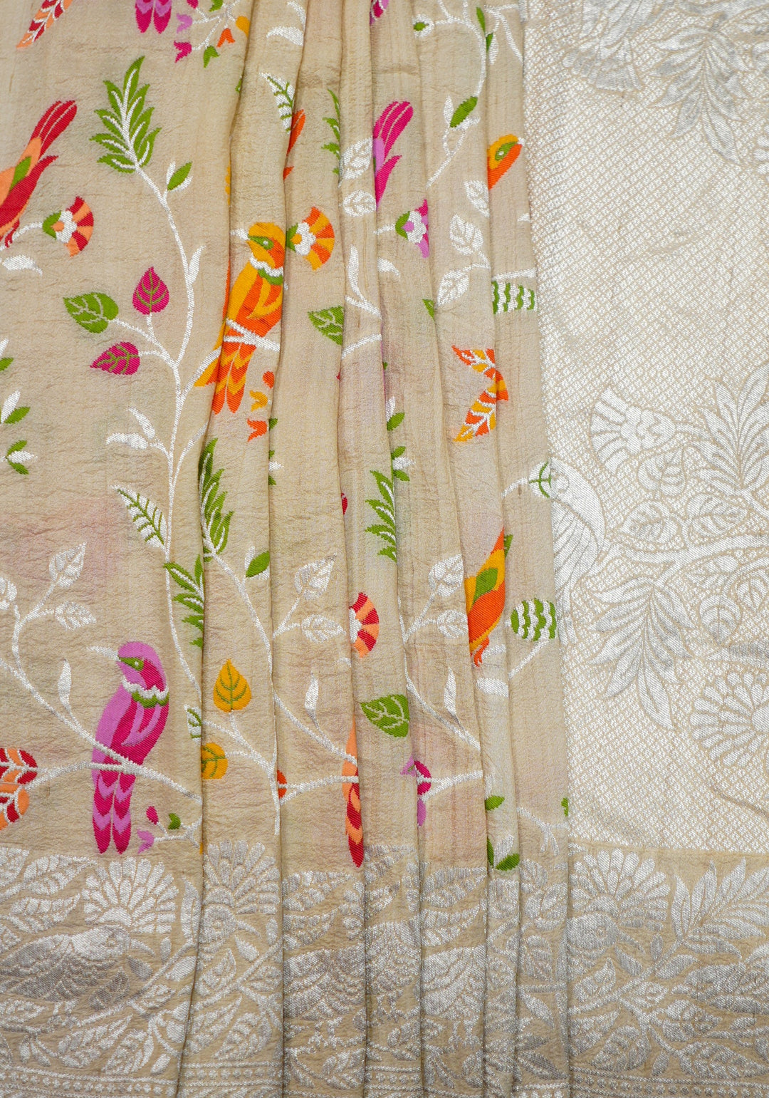 Neerus Beige Tussar Silk Woven Saree with multicolour bird motifs - back view