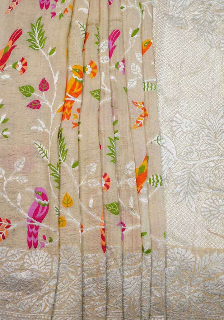 Neerus Beige Tussar Silk Woven Saree with multicolour bird motifs - back view