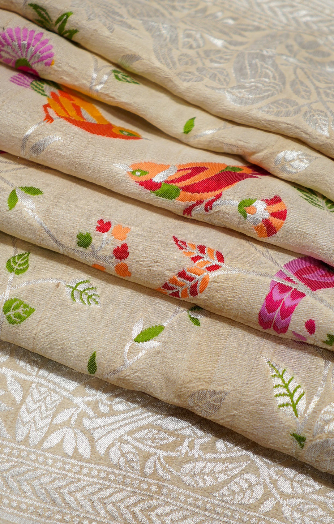 Neerus Beige Tussar Silk Woven Saree with multicolour bird motifs - detail view 3