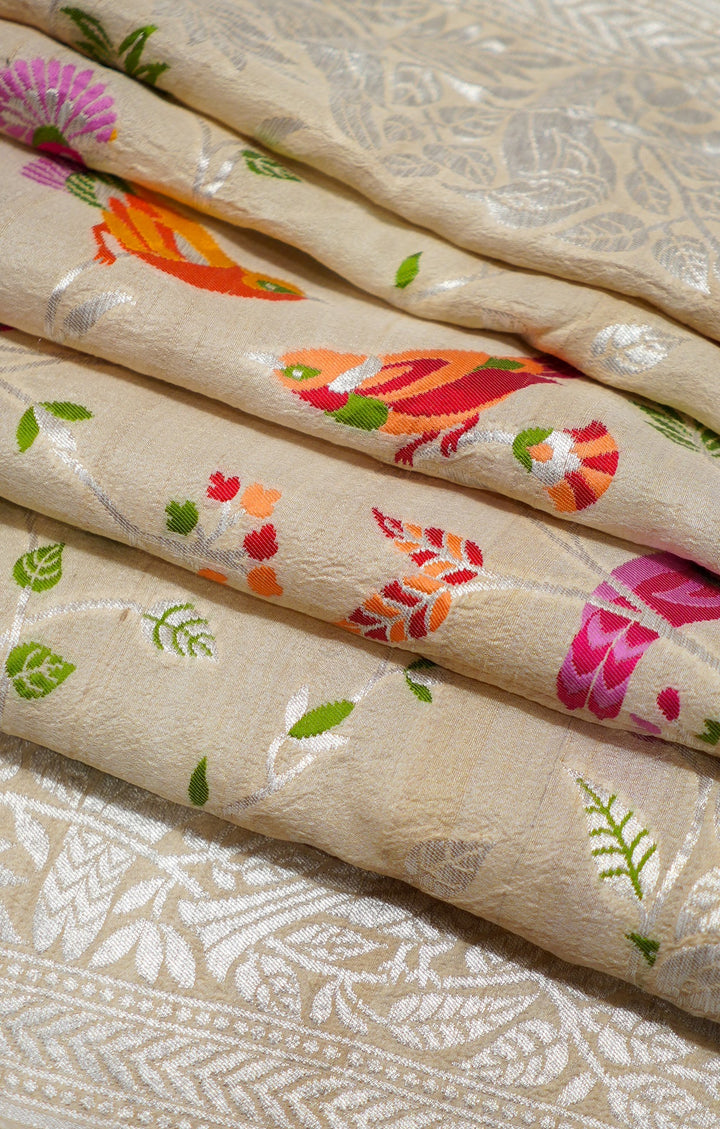 Cream Pure Handloom Tussar Saree With All Over MultiColour Birds