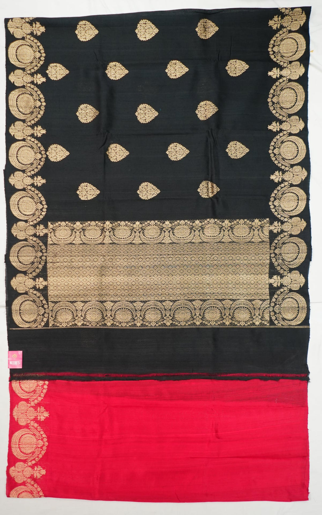 Neerus Black Tussar Silk woven saree with jewellery border and buttas - front view