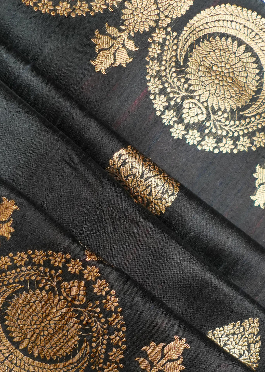 Neerus Black Tussar Silk woven saree with jewellery border and buttas - detail view 1