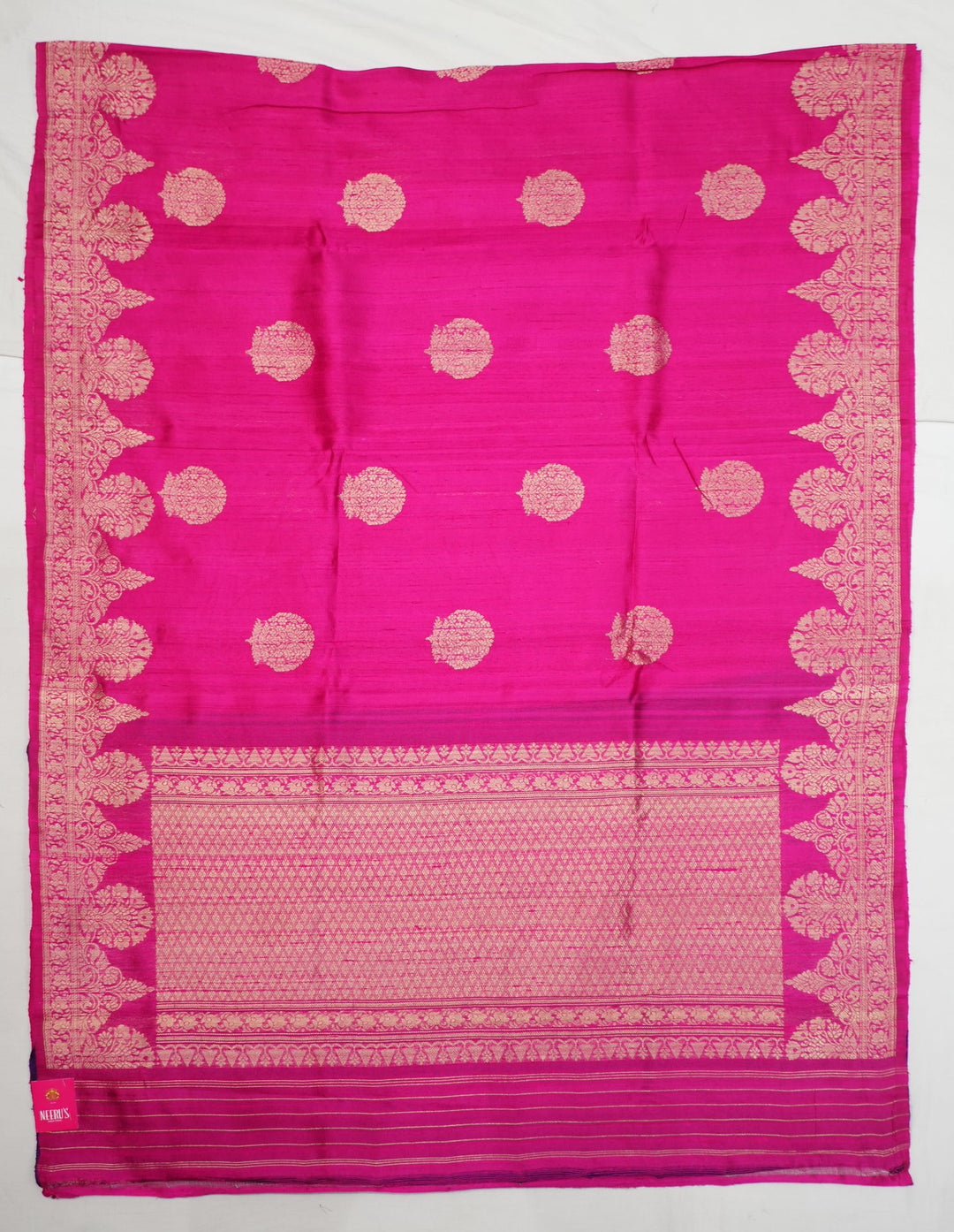 Neerus Pink silk woven saree with contrast blouse - back view