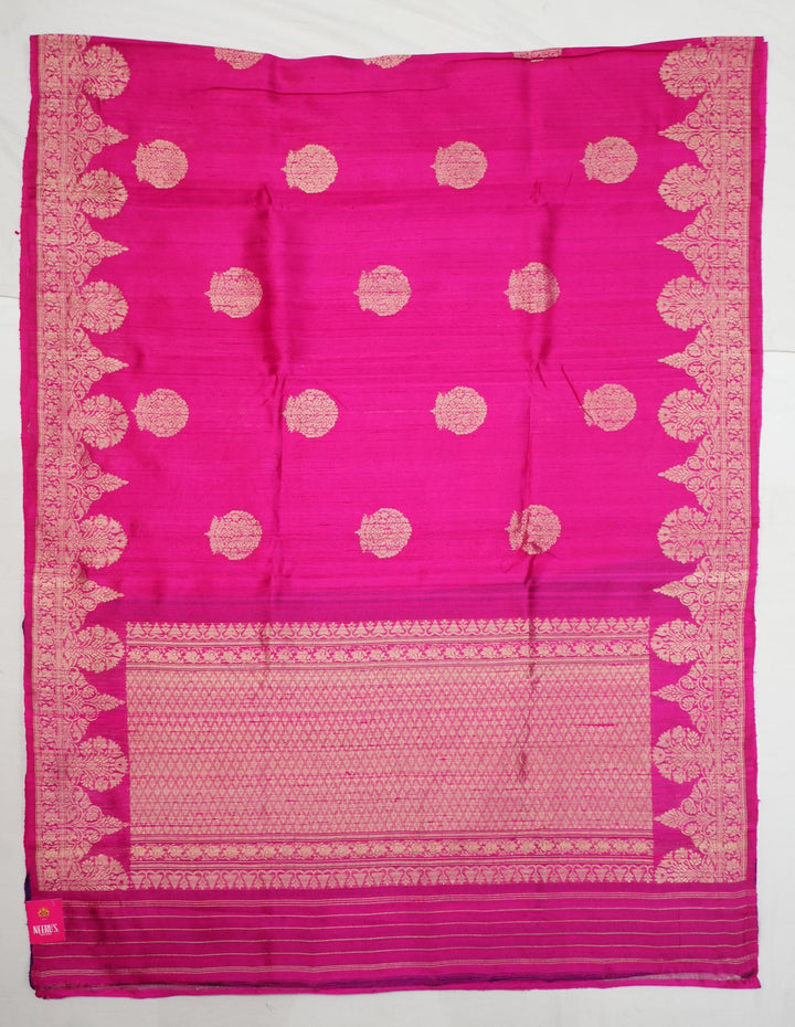 Neerus Pink silk woven saree with contrast blouse - back view