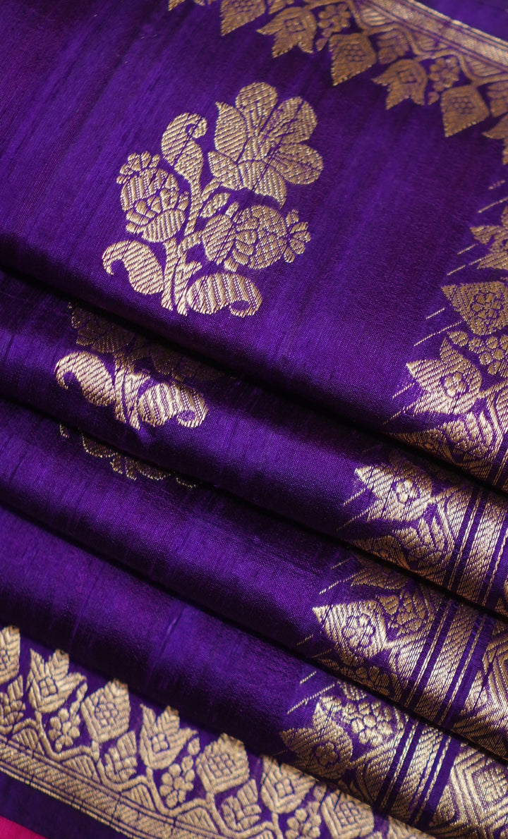 Neerus Purple silk woven saree with contrast blouse - side view