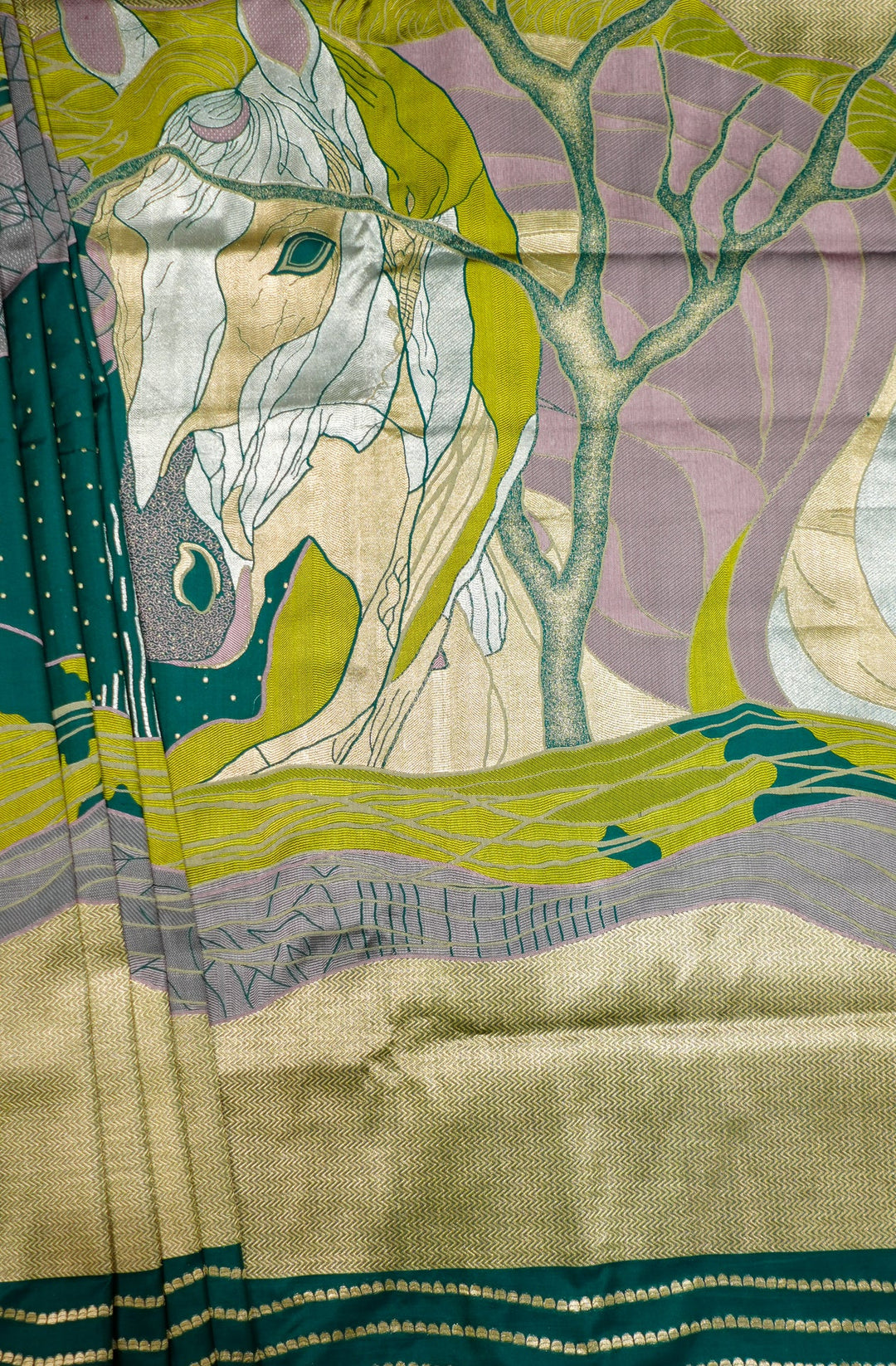 Neerus Green Banarasi silk woven saree - back view