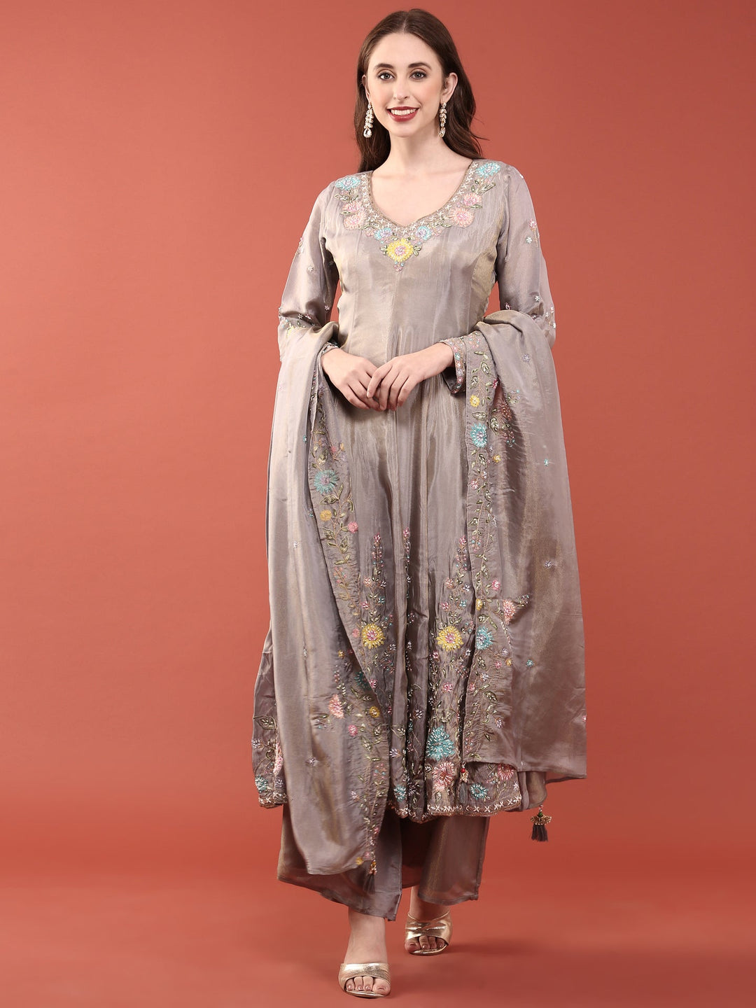 Neerus Grey tissue embroidered Anarkali suit set - front view