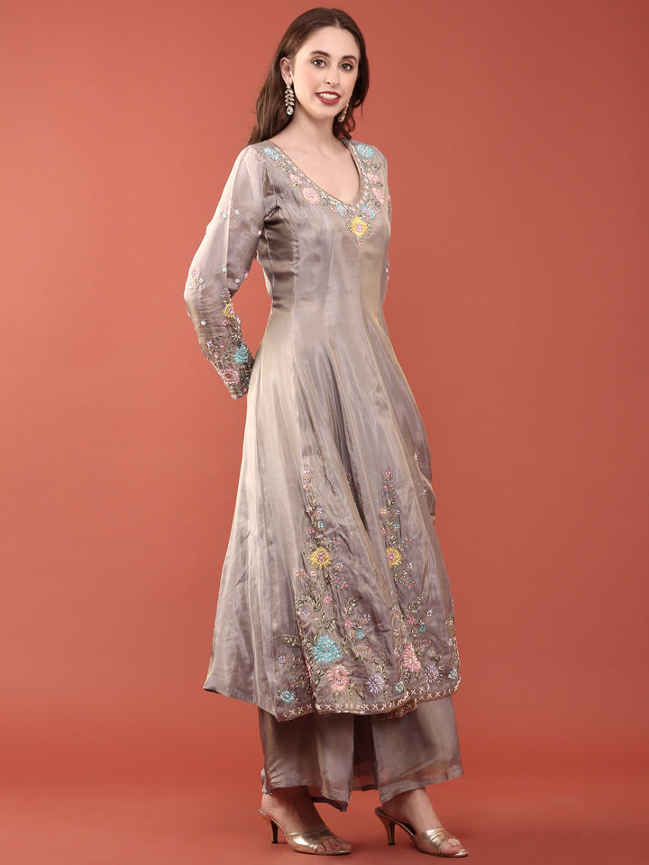 Grey Tissue Embroidery Anarkali Set