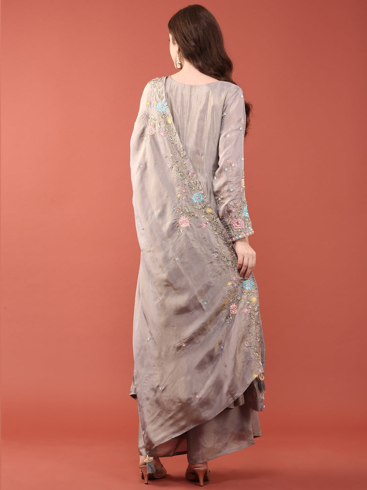 Grey Tissue Embroidery Anarkali Set