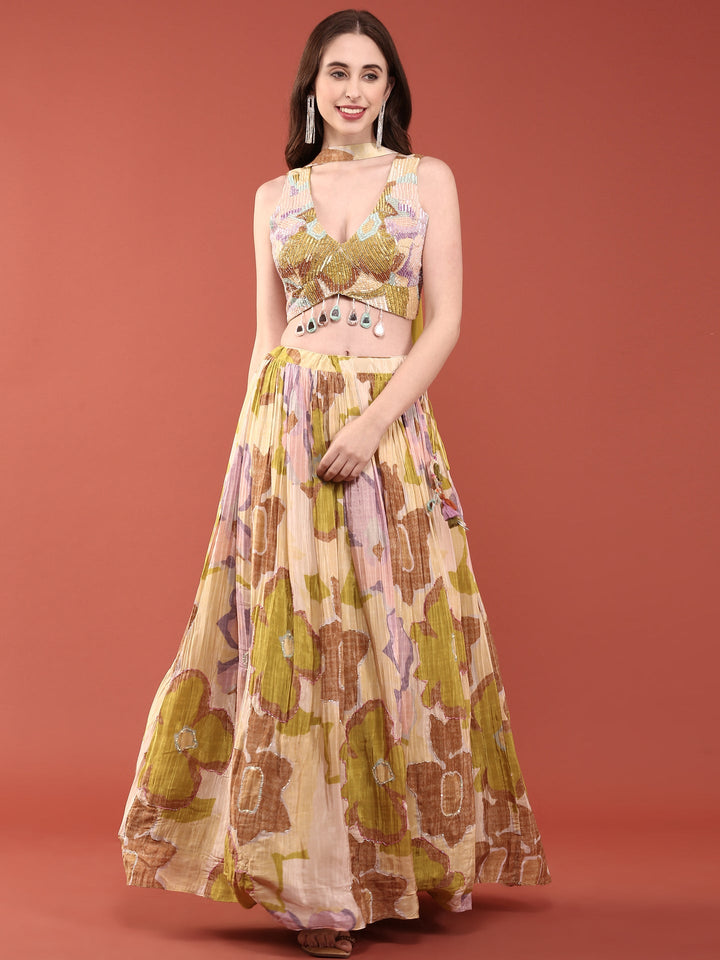 Neerus Green Chinon Embellished Lehenga Set - back view